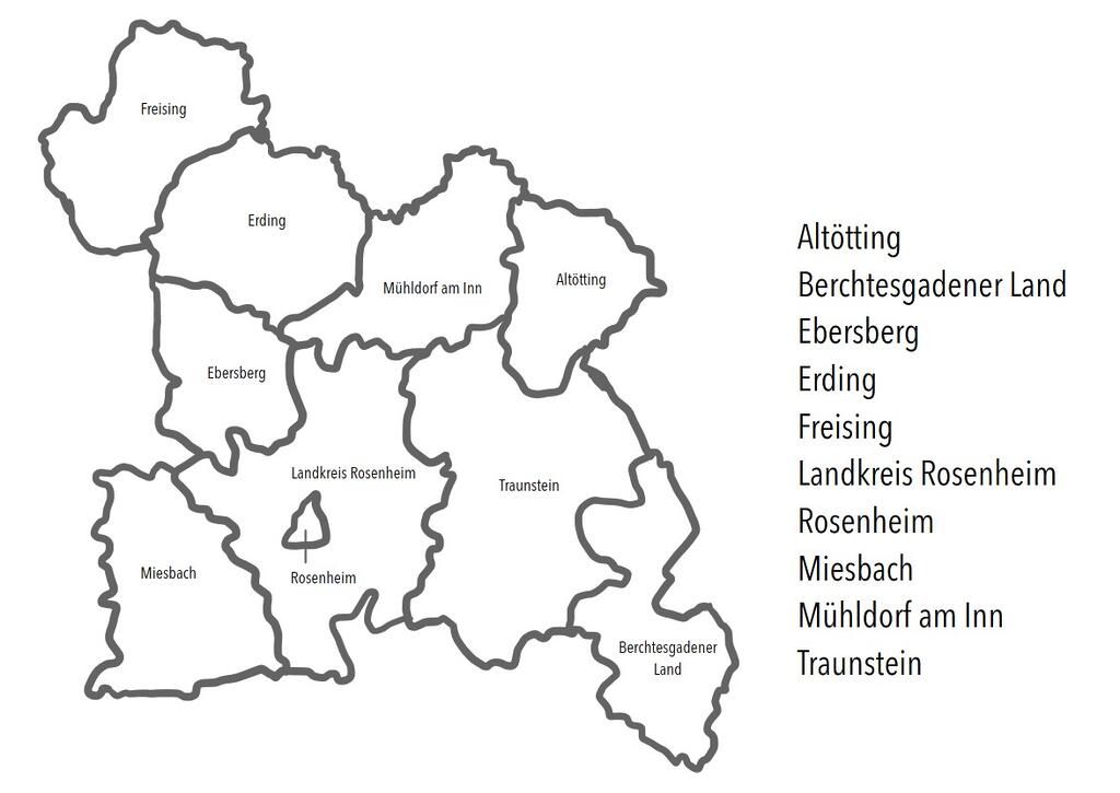 Darstellung aller Landkreise, die in der Zuständigkeit der Staatlichen Schulberatungsstelle Oberbayern-Ost liegen