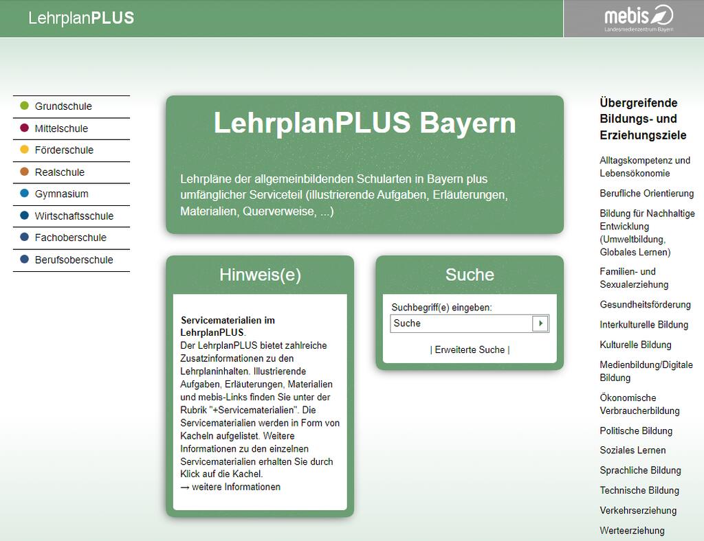 Webaufnahme der Startseite des LehrplanPLUS Bayern