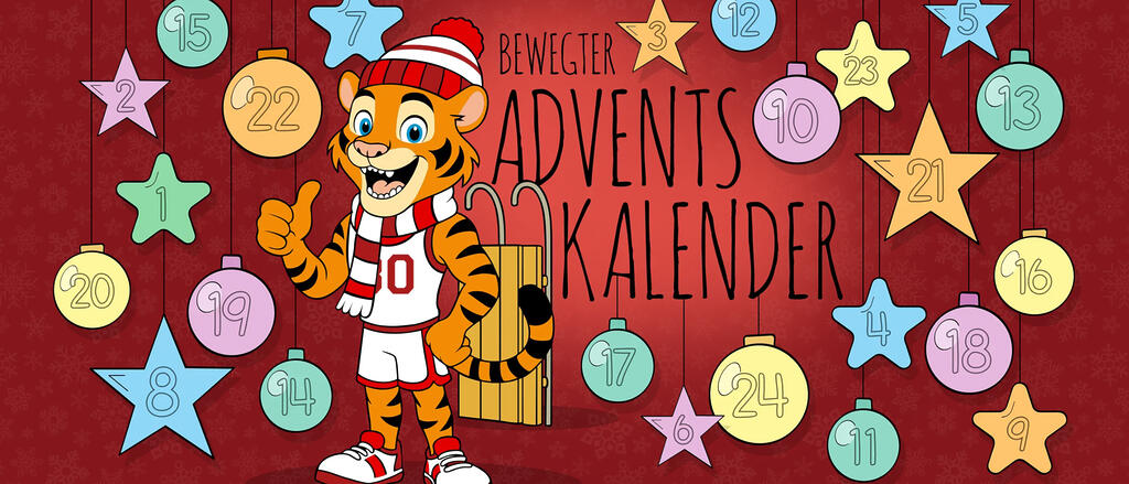 Timi-Adventskalender: Adventskalender mit Tiger Timi mittig, roter Hintergrund, 24 bunte Türchen in Sternform 