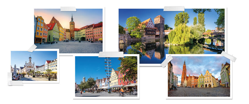 Die Collage zeigt fünf Fotos bayerischer Städte und Orte mit historischen Gebäuden, bunten Häusern, Marktplätzen und Flusslandschaften.