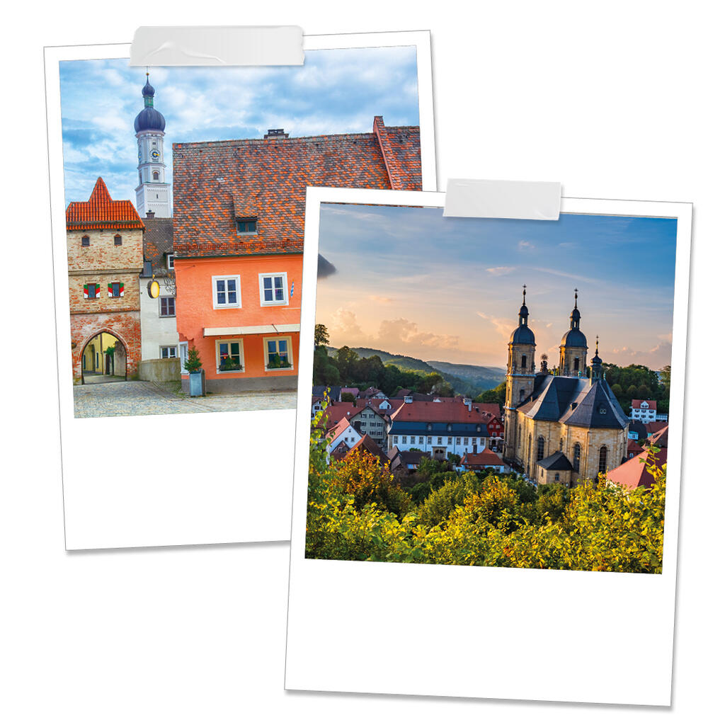 Die Collage zeigt zwei Fotos bayerischer Orte: eine historische Altstadt und ein Panorama mit einer großen Kirche, Häusern und grünen Bäumen bei Sonnenuntergang.