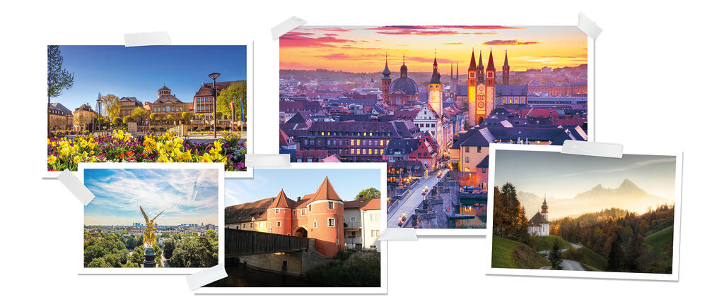 Die Collage zeigt fünf bayerische Orte: bunte Blumen vor historischen Gebäuden, eine Stadt mit Kirchtürmen bei Sonnenuntergang, eine Engelsstatue über einer grüner Stadt, ein rotes Torhaus an einem Fluss und eine Kapelle in bergiger Herbstlandschaft.