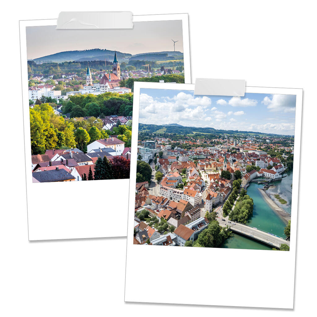 Die Collage zeigt zwei Fotos bayerischer Städte und Orte: eines mit Kirchtürmen und grünen Bäumen vor Hügeln, das andere mit roten Dächern, Fluss und Brücke unter blauem Himmel.