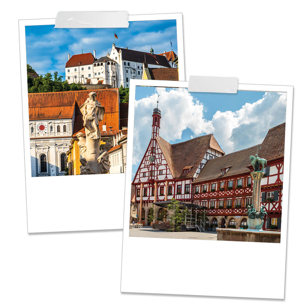 Die Collage zeigt zwei Fotos bayerischer Orte: ein Schloss auf einem Hügel und eine Statue im Vordergrund sowie ein Fachwerkhaus mit spitzem Türmchen und einem Brunnen auf einem Marktplatz.
