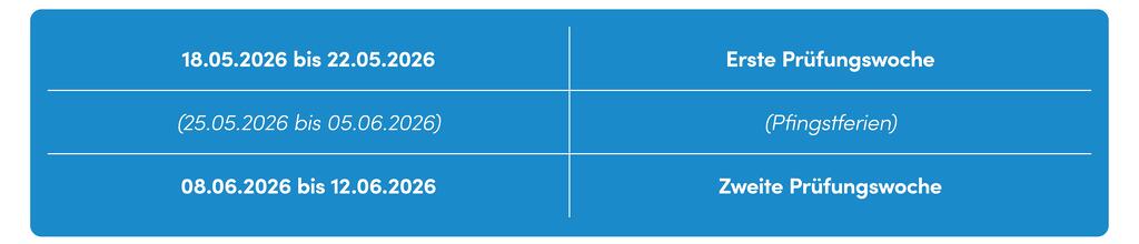 Kolloquiumstermine 2026: 18.05.2026 bis 22.05.2026 - Erste Prüfungswoche(25.05.2026 bis 05.06.2026) (Pfingstferien)08.06.2026 bis 12.06.2026 - Zweite Prüfungswoche